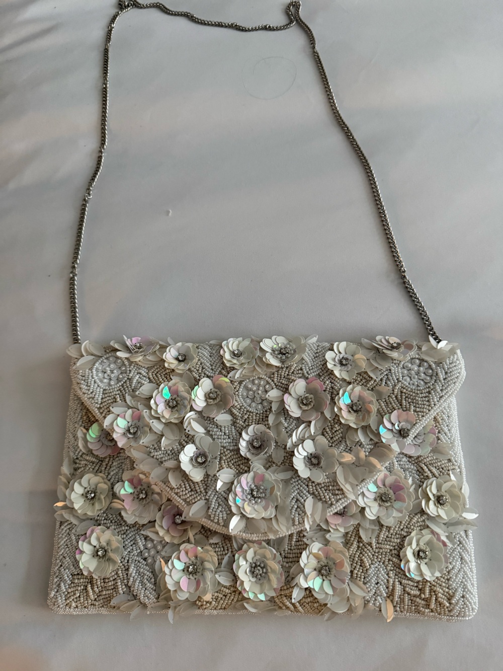 White Floral Sequin Beaded Shoulder Bag